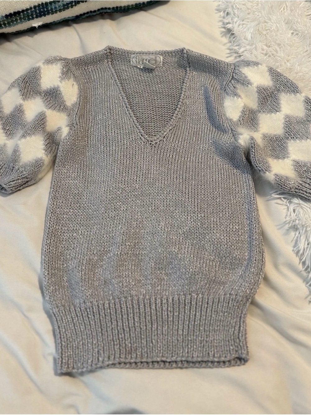 NANNELL SILVER GREY CAP PUFF CHECKERED SHORT SLEEVE SWEATER SMALL RARE / Vintage